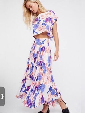 Free People Purple Pink Floral Maxi Skirt And Top Festival Set Bohemian